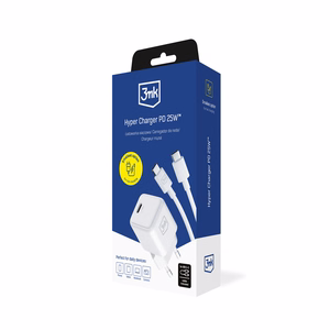 3mk Hyper Charger PD GaN 25W sienas lādētājs ar USB-C kabeli – balts