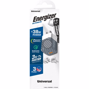 Energizer Ultimate A38QMU GaN ceļojumu sienas lādētājs ar EU / UK / US spraudņiem, USB-C + USB-A, 38 W PD + QC 3,0, sudraba krāsā