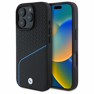 BMW Sign ādas tekstūras un līnijas magnētiskais viedtālruņa apvalks iPhone 16 Pro Max - melns