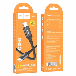 Kabelis USB-C uz USB-C Hoco 3A 60W 3 m X91 melns