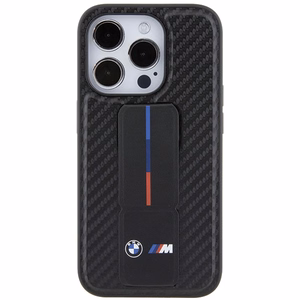 BMW ar statīvu gluds un oglekļa viedtālruņa apvalks iPhone 15 Pro - melns