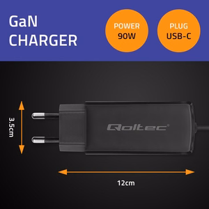 Qoltec 52420 90W GaN super ātrais lādētājs | 5-20V | 3-4.5A | USB-C 3.1