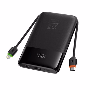 FORCELL F-ENERGY F10K6 Multicharge ārējais akumulators ar iebūvētiem USB-C un Lightning kabeļiem, PD, QC3.0, 3 A, 22,5 W, 10000 mAh, melns