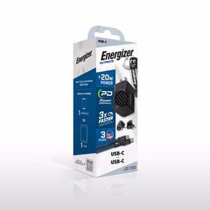 Energizer Ultimate A20MUC GaN ceļojumu sienas lādētājs ar EU / UK / US spraudņiem, USB-C, 20 W PD, ar USB-C kabeli, melns