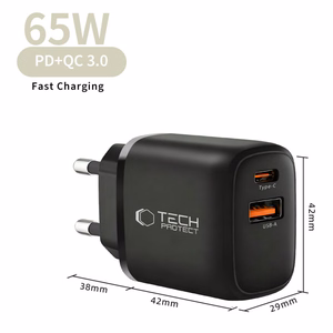 Tech-Protect NCA65W-GAN PD 65 W / QC3.0 2 pieslēgvietu sienas lādētājs, melns