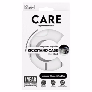 CARE by PanzerGlass Funkcionālais viedtālruņa apvalks ar statīvu iPhone 16 Pro Max 6.9" sudraba/sudraba Magnētiskais 1328