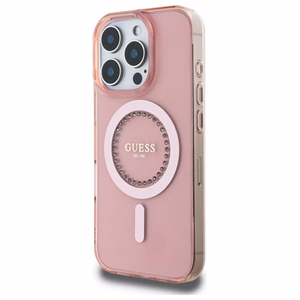 Guess IML Rhinestones Magnētiskais viedtālruņa apvalks iPhone 16 Pro Max - rozā
