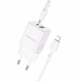 Borofone Sienas lādētājs BN14 Royal GaN - USB + Type C - QC 3.0 PD 30W ar Type C uz Lightning kabeli balts