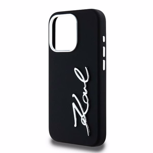 Karl Lagerfeld Silikona Metal Script Logo viedtālruņa apvalks iPhone 15 Pro - melns