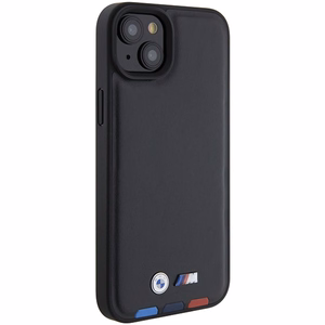 BMW BMHCP15M22PTDK viedtālruņa apvalks iPhone 15 Plus 6.7" melns/melns ādas ar trīskrāsu emblēmu