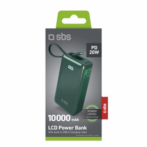 Внешний аккумулятор SBS 10000 mAh 20W со встроенным кабелем USB-C и цифровым дисплеем - зелёный