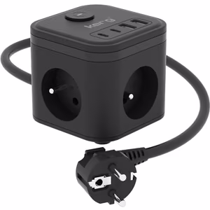 KERG 3 ligzdu barošanas kubs + ātrais lādētājs USB-A+USB-C 1.5m 3×1.5mm2 H05VV-F 16A/250V~ Smart melns