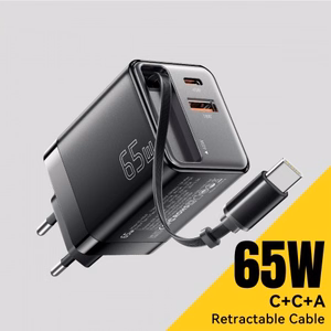 Lādētājs Essager Scope melns 65W (1xPD / 1xQC3.0) + integrēts Type-C kabelis