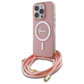 Guess Crossbody Cord Script Magnētiskais viedtālruņa apvalks iPhone 16 Pro Max - rozā