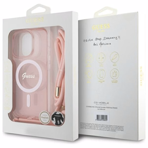 Guess Crossbody Cord Script Magnētiskais viedtālruņa apvalks iPhone 16 Pro - rozā