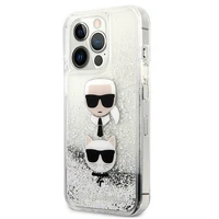 Karl Lagerfeld Šķidrs Glitter Karl&Choupette Galvas viedtālruņa apvalks iPhone 13 Pro Max - sudraba