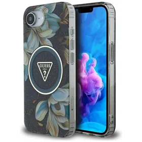 Guess IML Metal Glitter Flowers Triangle magnētiskais viedtālruņa apvalks iPhone 16e - melns