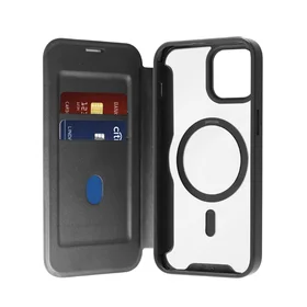 Puro Book Mag MagSafe ādas viedtālruņa apvalks ar vāciņu un karšu nodalījumu iPhone 16 Plus - melns