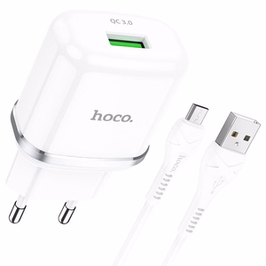 Tālruņa lādētājs Hoco USB A QC3.0 3A 18W + kabelis USB A uz Micro USB N3 balts