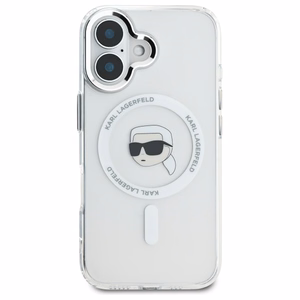 Karl Lagerfeld IML Metal Karl Head Magnētiskais iPhone 16 Plus viedtālruņa apvalks - balts