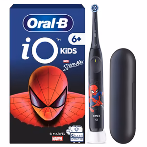 Oral-B iO Kids 6Y+ Marvel Spider-Man – uzlādējama bērnu elektriskā zobu birste, 1 uzgalis, 3 tīrīšanas režīmi, zils, ar ceļojumu futrāli