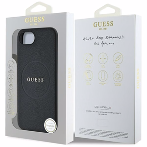 Guess PU Grained Classic Logo viedtālruņa apvalks iPhone 16e ar MagSafe - melns