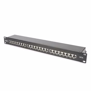 Digitus CAT 6A Patch Panel RJ45, 8P8C Suitable for 483 mm (19") cabinet mounting; Transmission properties: Category 6A, Class EA; Area of application: Up to 500 MHz, 10GBase-T; Size:482.6 x 44 x 109mm RJ45 shielding (Tinned bronze)