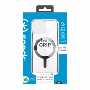 Speck GemShell Grip MagSafe vāciņš ierīcei iPhone 17e / 16e / 15 / 14 / 13, caurspīdīgs, ar hroma apdari