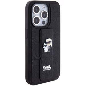 Karl Lagerfeld viedtālruņa apvalks ar statīvu Gripstand Saffiano Karl&Choupette Pins iPhone 15 Pro - melns