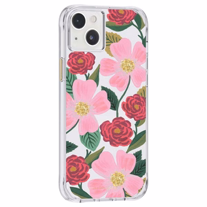 Rifle Paper Clear vāciņš ierīcei iPhone 14 Plus, ar zelta krāsas rotājumu, ar “Rose Garden” rakstu