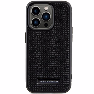 Karl Lagerfeld Rhinestone logotips metāla plāksne apvalks iPhone 15 Pro - melns