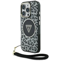 Guess HC IML leoparda trīsstūra auklas siksna MagSafe apvalks iPhone 16 Pro - melns
