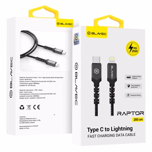 Blavec kabelis Raptor pīts - Type C uz Lightning - PD 20W 2,4A 2 metri Apple CarPlay (CRA-CL24BG20) melns un pelēks