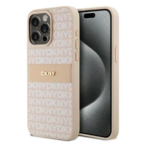 DKNY ādas Mono Stripe un Metal Logo viedtālruņa apvalks iPhone 15 Pro Max - rozā