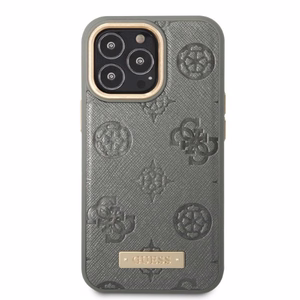 Guess GUHMP13LSAPSTG iPhone 13 Pro / 13 6.1" pelēks/pelēks cietais viedtālruņa apvalks Peony Logo Plate Magnētiskais MagSafe