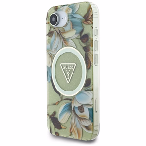 Guess IML Metal Glitter Flowers Triangle magnētiskais viedtālruņa apvalks iPhone 16e - zaļš