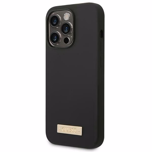 Guess GUHMP14XSBPLK iPhone 14 Pro Max 6.7" melns/melns cietais apvalks Silikona logotipa plāksne Magnētiskais