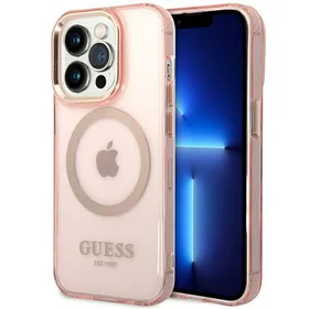 Guess GUHMP14XHTCMP iPhone 14 Pro Max 6.7" rozā/rozā cietais apvalks Zelta Kontūra Caurspīdīgs Magnētiskais