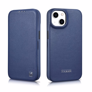 iCarer CE Premium ādas folio viedtālruņa apvalks iPhone 14 Plus magnētiskais atveramais ādas folio apvalks MagSafe zila