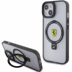 Ferrari FEHMP15SUSCAK iPhone 15 6.1" melns/melns cietais apvalks ar gredzena statīvu 2023 kolekcija Magnētiskais