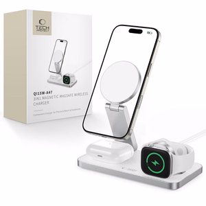 Tech-Protect QI15W-A47 MagSafe 3in1 indukcijas lādētājs + USB-C kabelis - balts