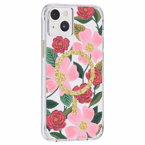 Rifle Paper Clear MagSafe vāciņš ierīcei iPhone 14 Plus, ar zelta krāsas rotājumu, ar “Rose Garden” rakstu