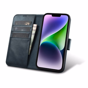 iCarer Eļļas Vaska Maki Apvalks 2in1 Vāks iPhone 14 Plus Anti-RFID Ādas Atverams Apvalks Zils (WMI14220723-BU)