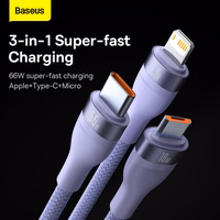 Baseus kabelis Flash Series II 3 in 1 - USB uz Type C, Lightning, Micro USB - 66W 6A 1,2 metri (CASS040005) violets