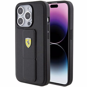 Ferrari Grip Stand Metal Logo apvalks iPhone 15 Pro – melns