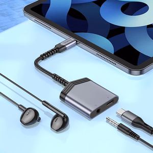 Adapteris AUX 2in1 USB C uz USB C / Jack 3,5 mm Hoco 27W LS39 pelēks