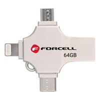 FORCELL F-DATA USB zibatmiņa Metal Quad 64GB USB3.2 Gen 1 (USB A / Type C / Lightning / Micro USB) sudraba