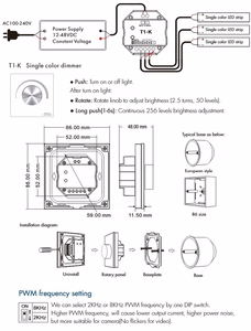 Rotējošs paneļa Triac gaismas regulators T1-K, 12-48VDC, 3x 4A