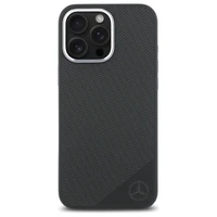 Mercedes MEHMP16L23SUGDK iPhone 16 Pro 6.3" melns cietais silikona viedtālruņa apvalks ar tonālo logotipu un koka rakstu Magnētiskais (MagSafe)