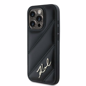 Karl Lagerfeld Diagonal Quilted Script viedtālruņa apvalks iPhone 15 Pro - melns